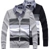 2013新品 开衫衬衫领 假两件条纹撞色针织衫 男士毛衣