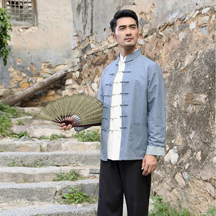 中式民族风服饰棉麻立领盘扣长袖男装中式改良