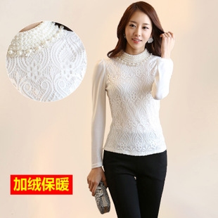 2014新款秋冬季长袖衫珍珠高领修身上衣蕾丝