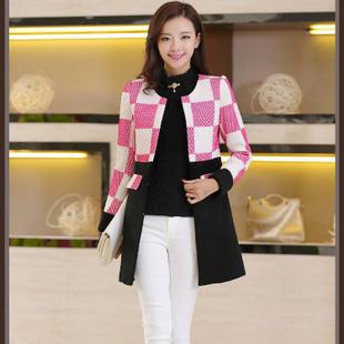 2014秋冬新款气质格子圆领长袖百搭中长款羊