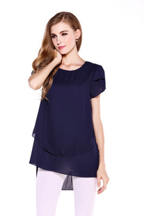 夏装 欧美明星款大码女装假两件雪纺衫上衣中