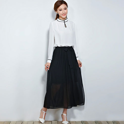 艾米女装产品-白色丝织衫配黑色长裙