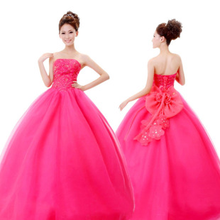 批发深玫红色抹胸钉珠婚纱蓬蓬礼服裙结婚敬酒