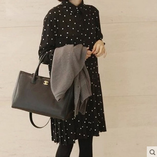 春装新款 韩版气质修身雪纺打底裙波点百褶长