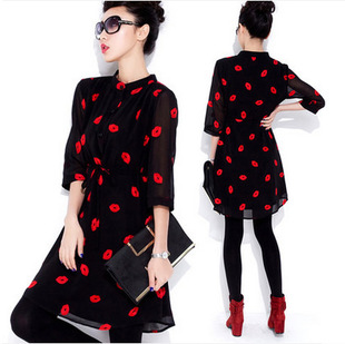 2015欧美春装新款红唇连衣裙 修身雪纺衫显瘦