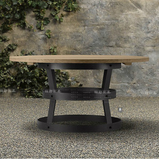 宜家茶几圆形会客桌实木铁艺混搭咖啡厅茶几圆