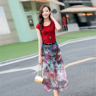 2015夏季新款波西米亚印花雪纺长裙 两件套连