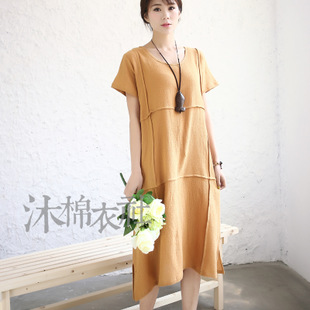 2015夏季新款棉麻女装拼接亚麻连衣裙沙滩裙