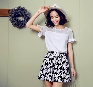 韩都衣舍韩版2015夏装新款女装圆领印花蕾丝