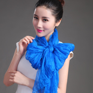 韩版新款纯色丝巾 环保手工扎绉真丝围巾加长