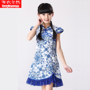 青花瓷童装旗袍连衣裙 童中大小童纯棉旗袍女