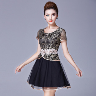 2015夏季新款中年大码女装短袖雪纺连衣裙中