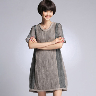 2015夏新款欧美风亚麻拼接中长款宽松大码女
