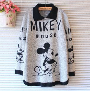 秋冬女毛衣卡通米奇图案翻领针织下摆弧形宽松