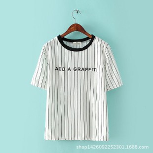 夏装新款韩版棒球风字母印花竖条纹短袖T恤女