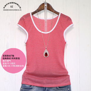 厂家直销 圆领包袖条纹T恤女 夏 短袖韩版学生