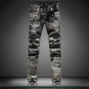 015欧美高端超炫银色涂层机车修身膝盖褶皱巴