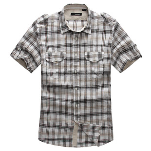 莱斯玛特2015男士亚麻短袖衬衫 英伦格子休闲