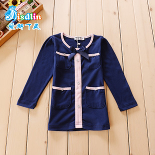 2015新款秋装 欧美潮流蝴蝶结女童四口袋衬衫