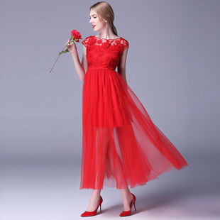 红色长裙夏季2015大红蓬蓬连衣裙高腰短袖欧