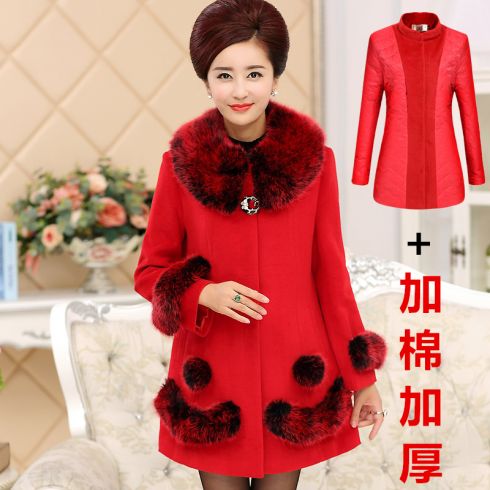 冬装新款中老年女装加棉加厚毛呢外套 大码妈