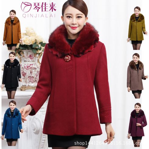新款七色大码品牌妈妈装呢子大衣中老年女毛呢