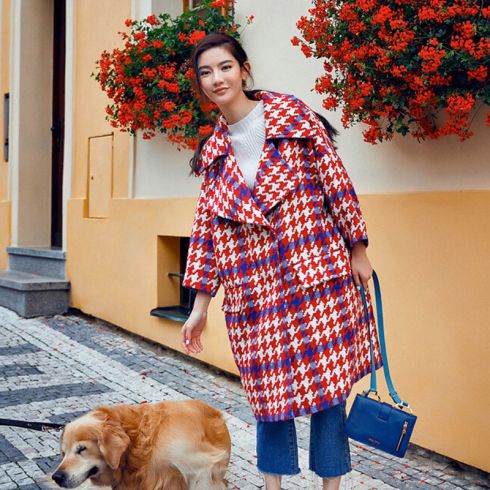 复古撞色红千鸟格羊毛大衣插肩袖超长过膝款毛