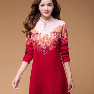 复古旗袍式毛衣连衣裙2015秋冬新款女印花立