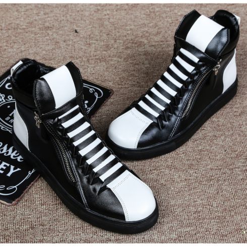 英伦高帮男皮鞋黑白鞋子韩版潮版侧拉链秋冬季