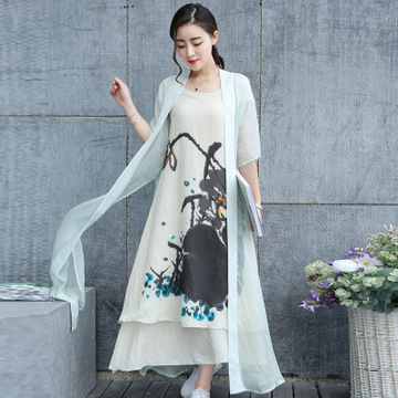 批发2016两件套长裙原创文艺大摆亚麻连衣裙