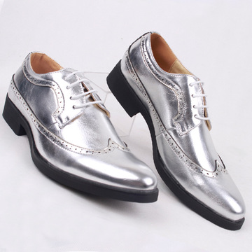 2014新款银色潮流时尚尖头皮鞋布洛克鞋男士