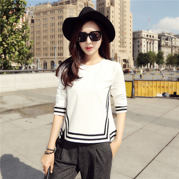 2016春装韩版纯棉长袖t恤女中长款条纹套头针