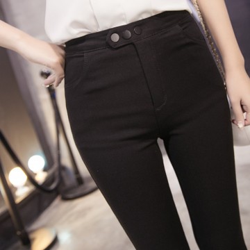 3颗黑色纽扣松紧腰黑色显瘦弹力铅笔裤百搭外