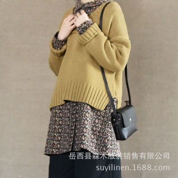 春装新品女装 复古针织棉麻印花长袖连衣裙A字