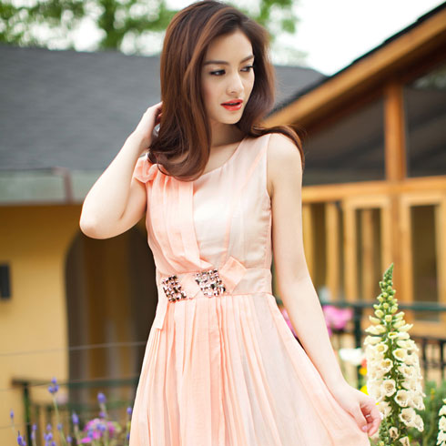 麦光女装-粉色雪纺裙