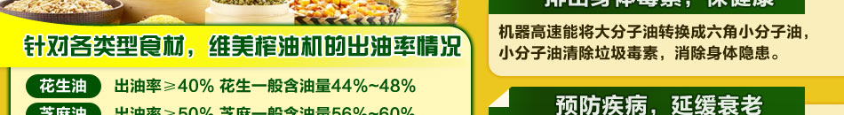 唯美榨油机为了避免挤出的油脂再次回浸到干枯的饼渣之中，该设备的榨膛内侧设计了导油槽，使油、饼迅速分离，提高了出油率。