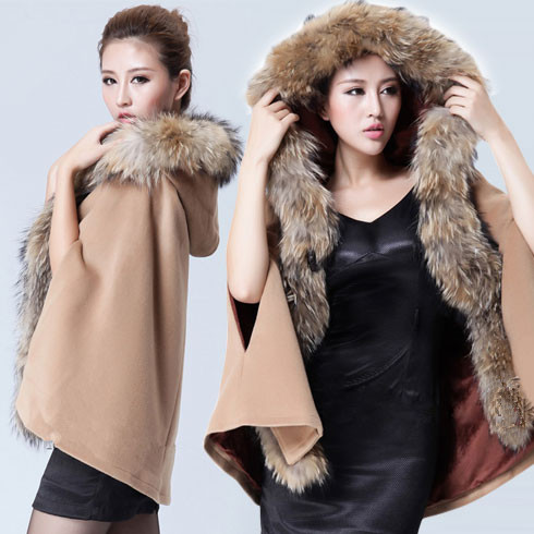 貉子毛领斗篷羊绒大衣