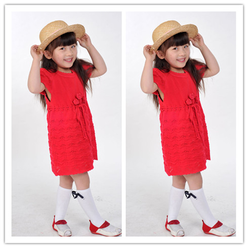 新款韩版女童大红色连衣裙