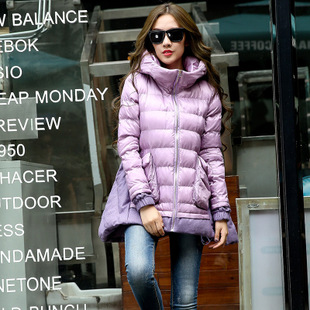 2014冬季新款棉衣韩版女装修身时尚连帽双口袋斗篷中长款棉服外套